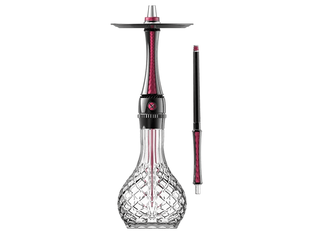 The Maxx Royal hookah in pink, shown with its mouthpiece alongside